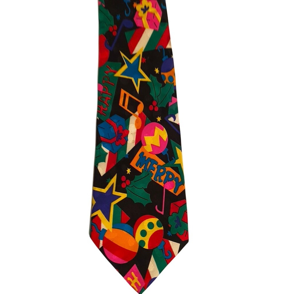 Addiction Mens Christmas‎ Silk Tie Happy Merry Novelty Holiday Ornaments Black